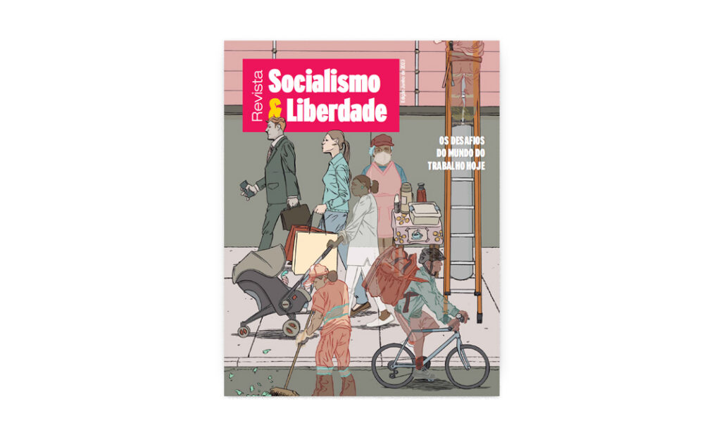 Capa da revista Socialismo & Liberdade - Edição de junho de 2023 - "Os desafios do mundo do trabalho hoje" - Na ilustração, temos a cena de diversos trabalhadores, a maior parte deles, informais, vivendo suas rotinas em um contexto urbano.