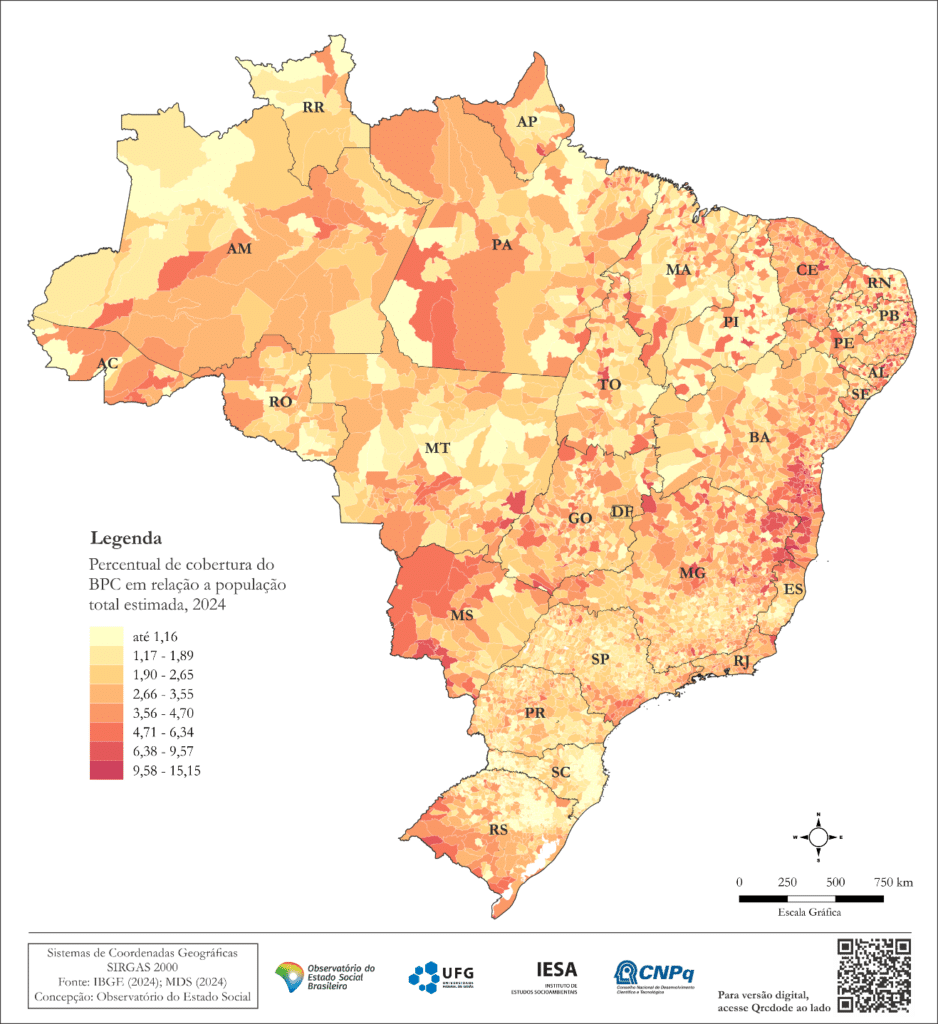 Figura 1. Brasil, participação percentual, em relação a população total dos municípios, dos Benefícios de Prestação Continuada emitidos, em 2023. Fonte: INSS (2024)