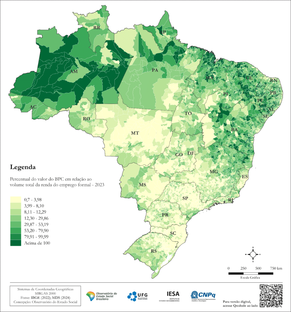 Figura 3. Brasil, percentual do valor dos Benefícios de Prestação Continuada, emitidos por município, em relação a renda do emprego formal, em 2023. Fonte: INSS (2024)